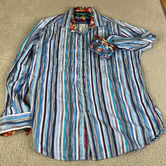 Robert Graham Shirt Mens Large Blue Stripe Button Flip Cuff Classic Fit Cotton - Picture 1 of 11